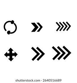 Bold arrow icon set featuring chevrons and circular motion. Great for fast movement, rotation, and interface direction indicators