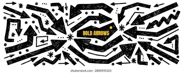 Bold arrow and marker brush with hand drawn shape for thick doodle sketch. Black scribble and asterisk dots with rough scratchy fill. Vector bold arrow set isolated for memo note collage and promo.