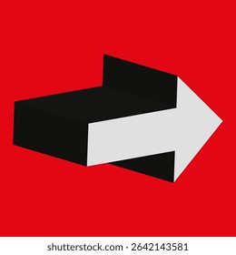 Bold arrow shape. Direction symbol icon. Three dimensional pointer. Vector red background.