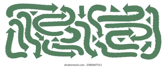 Bold arrow symbol hand-drawn vector design, rough brush stroke and marker curve. Abstract shape points up, grunge texture, freehand doodle elements, isolated pointer, dynamic, textured direction
