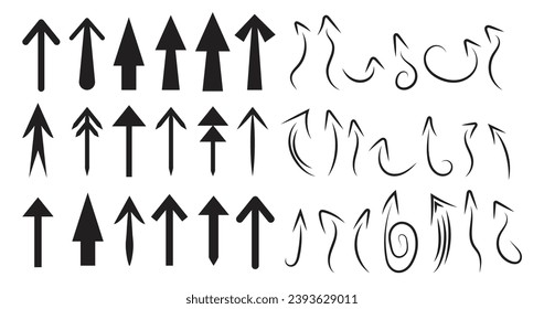 Bold Arrows and Curvy Hand drawn Arrows Collection Isolated Thick Cursor Arrows Set in Black Vector Illustration up down left right arrowhead