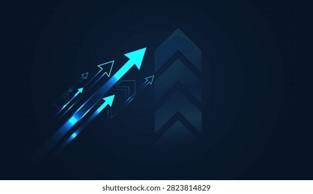 The bold Arrows moving upward with increasing momentum, representing growth in business and market performance. Dynamic charts and a dark blue background create a professional financial concept.
