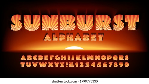 A bold art deco style alphabet with warm colored sunburst rays in each letter.