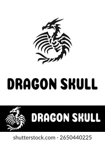 A bold and artistic black tribal dragon skull logo design in black and white