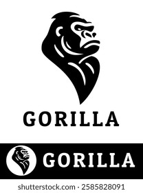 A bold and artistic black and white vector illustration of a gorilla head with a modern, tribal-inspired design