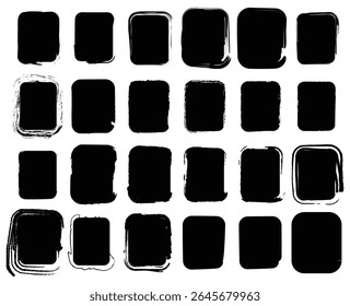 Uma coleção arrojada e artística de ícones quadrados desenhados à mão em cores vibrantes e traçados de pincel preto texturizado, perfeito para planos de fundo criativos e designs digitais.