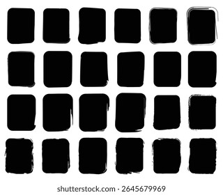 Uma coleção arrojada e artística de ícones quadrados desenhados à mão em cores vibrantes e traçados de pincel preto texturizado, perfeito para planos de fundo criativos e designs digitais.