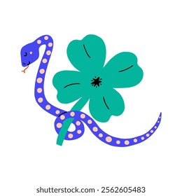 Bold artistic illustration featuring a snake and a four-leaf clover. Snake symbol of the year. Vector hand drawn bold illustration