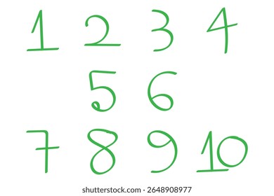 A bold and artistic set of numbers 1 to 10. Doodle checklist numbering. List of hand written numbers. Hand-drawn vector illustration scribble numbers font isolated on white background. eps 10