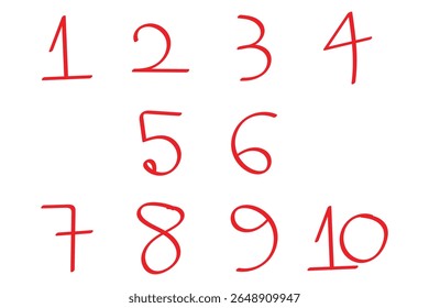 A bold and artistic set of numbers 1 to 10. Doodle checklist numbering. List of hand written numbers. Hand-drawn vector illustration scribble numbers font isolated on white background. eps 10