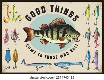 Bold artwork showcases a colorful fish with various fishing lures and hooks surrounding it. The design conveys a playful message about the rewards of fishing. Perfect for enthusiasts.