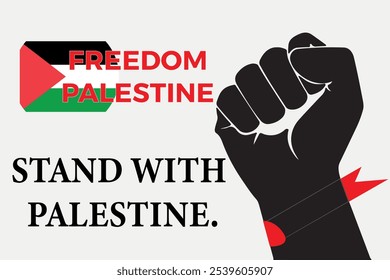Bold artwork supporting Palestinian independence with symbols like the Palestinian flag, raised fist, and 'Freedom Palestine' text, standing for solidarity and justice.