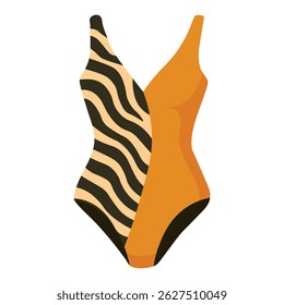 Bold asymmetrical one-piece swimsuit with zebra stripes and orange block, wild and stylish.