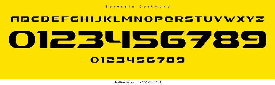 Bold athletic font, dynamic numbers and letters, sharp modern edge, sports branding design for sports branding, jersey numbers, team merchandise. Vector typeset