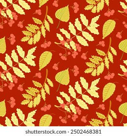 Bold autumn seamless pattern with rowan leaves and red berries. Hand drawn flat style. Simple botanical illustration on dark background. Perfect for textile and wrapping. Dark theme