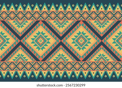 Bold Aztec-Inspired Artwork in Multicolored Symmetry, seamless, Aztec, Tribal, Native American, Indian, pattern design for wrapping, carpet, decorative illustration.