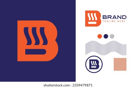 bold B letter logo using wave shape suitable for sports, food, coffee brands with logo variations and pattern for branding designs