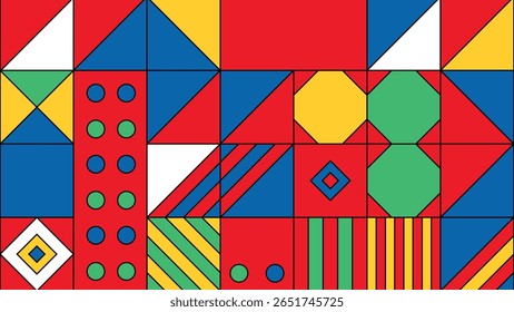 A bold background filled with colorful geometric tiles including stripes, circles, and triangles. Ideal for playful designs, retro visuals, and graphic projects.
