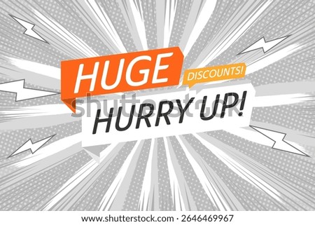 Bold “Huge Discounts” banner with lightning bolts and dynamic lines, evoking urgency and excitement — perfect for sale or promo ads.