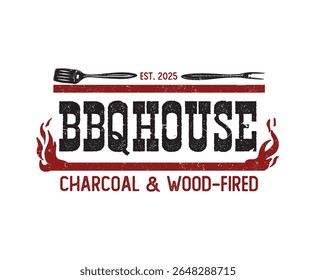 Bold barbecue logo featuring a flaming grill in a vintage textured style. Great for BBQ restaurants, catering, food trucks, meat brands, or grilling events and apparel design.