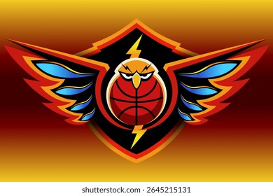 Bold basketball logo featuring a fierce hawk face fused with a basketball, extended wings, and lightning bolt, perfect for sports branding and dynamic design.