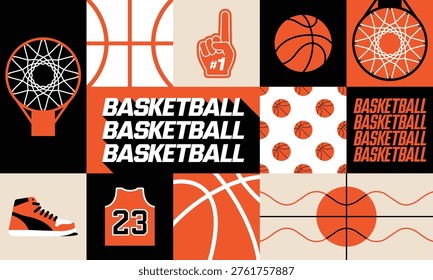 Bold Basketball Seamless Geometric Pattern Mosaic Grid — Urban Sport Vector Design with Basketball Hoop, Jersey, Sneaker, Foam Finger, and Ball Elements in Black, Orange, and Cream.
A dynamic and bold basketball-themed seamless pattern designed as a geometric mosaic grid, featuring a collection of iconic basketball elements including a hoop with net viewed from below, close-up ball texture panels, a foam finger with number one sign, a classic jersey with number 23, a high-top sneaker, repeating ball pattern tiles, court line details, and bold italic typographic panels spelling BASKETBALL. The design uses a striking color palette of deep black, vibrant orange-red, and warm cream or off-white, giving it a strong urban streetwear aesthetic. Perfect for sports brand merchandise, sports event posters, gym wall graphics, sportswear sublimation printing, social media sport content, and team identity design.