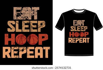 Bold basketball-themed text design featuring "Eat Sleep Hoop Repeat" with grunge textures and basketball graphics on a black background. Perfect for sports enthusiasts.