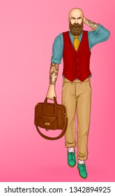 Bold, bearded and tattooed hipster man walking in waistcoat over shirt with rolled up sleeves, wearing green shoes, leather suitcase in hand pop art vector on pink background. Mens fashion concept