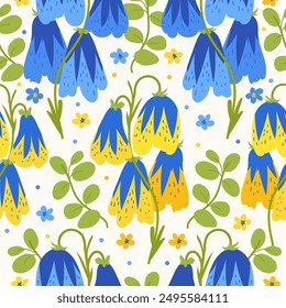 Patrón sin fisuras de flores azules y amarillas grandes y audaces. Fondo lindo del Vector del jardín para la impresión, papel de embalaje, materia textil, tela. Textura de verano