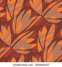 Bold big nature leaves decorative leaves seamless pattern for background, fabric, textile, wrap, surface, web and print design. Brown and orange modern autumn rapport for textile and surface design.