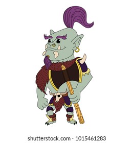 bold big orc in military garb, armed with an ax vector illustration with a contour in a cartoon style