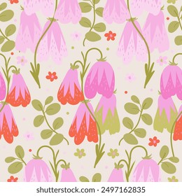 Bold big pink and green flowers seamless pattern. Cute garden vector background for print, wrapping paper, textile, fabric. Summer texture