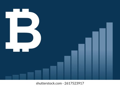 Bold Bitcoin symbol vector with an upward bar chart on a dark blue background, symbolizing the growth of the cryptocurrency. Ideal for finance-themed visuals, crypto marketing, and investing.