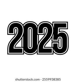 Bold black 2025 typography with outline effect, suitable for modern design themes or New Year celebrations.