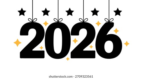 Bold black 2026 typography with hanging stars and golden sparkles, festive modern graphic design representing New Year celebration, holiday season, party decoration and upcoming year greeting

(Charac