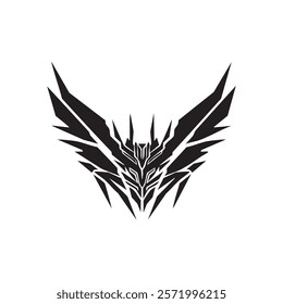 Bold black abstract emblem featuring sharp wings design.