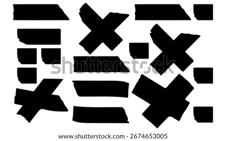 Bold black abstract shapes consisting of rectangles, squares, and cross designs are scattered on a plain white backdrop, creating a striking, modern geometric pattern that is versatile