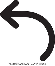 A bold black arrow curves and points left, indicating direction or navigation on a white background.