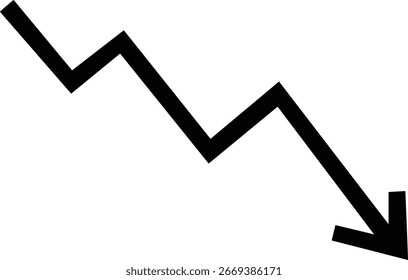 Un gráfico de flecha negra en negrita desciende diagonalmente, representando una tendencia negativa, una caída del mercado o una desaceleración económica. Este visual comunica efectivamente el declive y la pérdida en varios contextos financieros.
