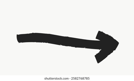 A bold, black arrow pointing right. The arrow is thick and textured, creating a striking visual. The black arrow stands out against a light background. Black doodle arrow illustration vector.