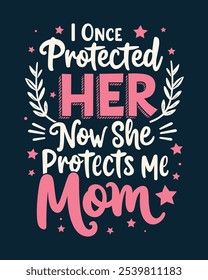 Bold black background design with vibrant pink text for proud moms. Features "Protected" and "Mom" in bold with decorative stars, perfect for merchandise.