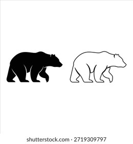 Audaz silueta de oso negro caminando de perfil. Icono gráfico de Vector simple de un animal salvaje con una pata levantada. Silueta de oso negro aislado en blanco. 