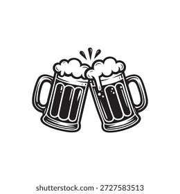 Tazas de cerveza negras llamativas tintineando con salpicaduras de espuma, perfectas para pubs, festivales y diseños de logotipos.