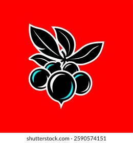 Bold Black Berry Vector with Leaves on Red Background. A striking vector illustration of black berries with leaves, outlined in white, set against a vivid red background. Perfect for branding, logos,