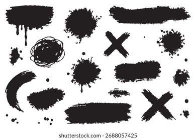 Pinceladas negras con salpicaduras, textura de garabatos, pintura en aerosol, estilo grunge. Frotis de plantilla seca, manchas de tinta con gotas de pintura y garabatos sucios para el logotipo, texto. Conjunto de gráficos grunge de Vector 