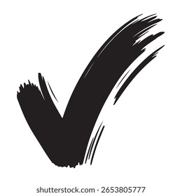 A bold, black brushstroke checkmark, rendered in a distinctive silhouette style, stands out prominently against a clean white background, symbolizing completion or approval.