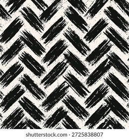 Fundo preto negrito pincelada chevron, padrão, textura, design abstrato, efeito grunge, repetição sem costura, mínima moderna, traço artístico, marcas de tinta, layout herringbone, estilo monocromático, decoração contemporânea, impressão de tecido, papel de parede motivo, design de superfície, ritmo geométrico, desenho à mão, detalhes angustiados, ilustração criativa, olhar vetorial. Essa composição dinâmica apresenta texturas de pincel em camadas, bordas ásperas e movimento orgânico, criando profundidade, contraste e interesse visual para embalagem, papel de embrulho, design têxtil, cenários digitais, branding e artigos de papelaria. A paleta em preto e branco de alto contraste aumenta a clareza, a versatilidade e o apelo intemporal, tornando o padrão adequado para decoração doméstica, destaques de moda, cartazes e fundos da Web em diversos projetos criativos hoje em dia.