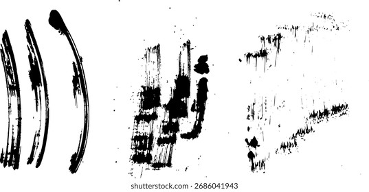Bold black brushstrokes with varied textures and shapes, creating abstract art. Ink splatters and drips add detail.
