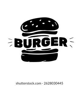 Bold black burger illustration with playful text, perfect for restaurant logos, food truck branding, menu design, fast-food promotions, or social media posts.