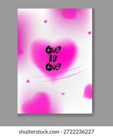La llamativa caligrafía negra que deletrea el amor es el amor que superpone centralmente un brillante corazón rosa brillante con suaves acentos borrosos y anillos en órbita contra un fondo degradado blanco ideal para temas románticos.